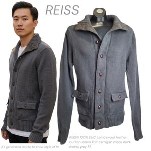 REISS Men's Grey Lambswool Button-Down Cardigan Sweater